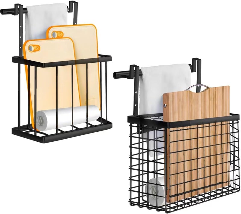 Aboevnc 2 Pack Cabinet Door Organizer with Towel Bar, Over The Cabinet Door Storage with Towel Holder for Kitchen Cutting Board,Black - Image 1